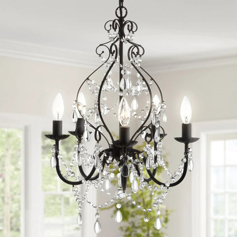 Black 17 Inch 5 Light Crystal And Metal Chandelier With Traditional Cascading Beads Adjustable Chain for Dining Room or Entryway