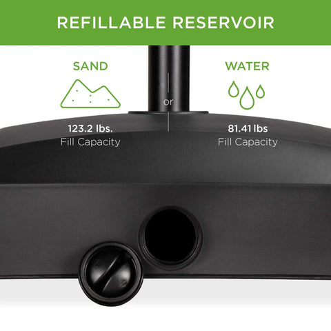 123 Pound Fillable Mobile Umbrella Base With Four Wheels Two Locks And Two Tightening Knobs For Patio Deck Or Poolside Wind Resistant Design Beefy Heavy Duty Weatherproof Reservoir For Easy Refill And Stable Position Black, showing sand and water fill capacity indicators.