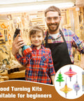 Kick Start Your Festive Craft Game With This 20 Piece Diy Christmas Tree Ornament Woodturning Kit Featuring Smooth Multicolored Wooden Tubes That Are A Straight Up Game Changer For Making Hella Awesome Xmas Decor And Tree Hangings with a father and son in a workshop holding a drill.