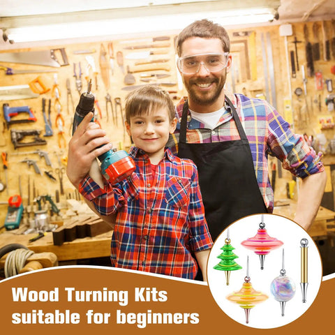 Kick Start Your Festive Craft Game With This 20 Piece Diy Christmas Tree Ornament Woodturning Kit Featuring Smooth Multicolored Wooden Tubes That Are A Straight Up Game Changer For Making Hella Awesome Xmas Decor And Tree Hangings with a father and son in a workshop holding a drill.