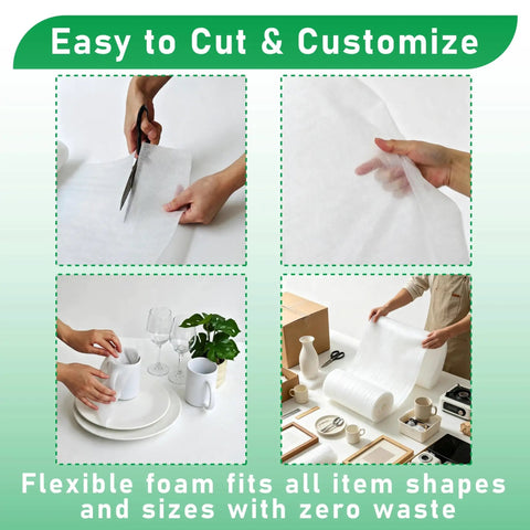 Hands using 15.75 Inch By 160 Foot Foam Roll For Packing And Moving, Cushion Wrap For Fragile Glassware And Dishes