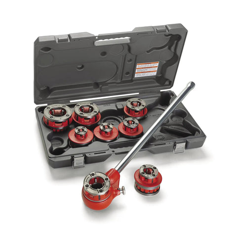 Ridg 12r Exposed Ratchet Pipe Threader Kit With Two-Piece Dies For Half Inch To One And A Quarter Inch Npt Pipes Including Sturdy Carry Case, shown in case.