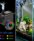 Water Fountain Pump With LED Lights 15W For Aquariums And Ponds, 260GPH, 110V, black pump next to aquarium scene.