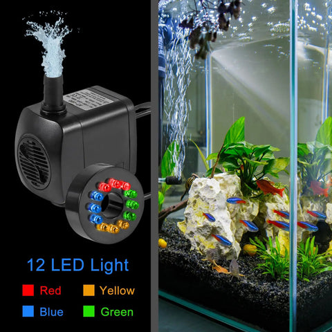 Water Fountain Pump With LED Lights 15W For Aquariums And Ponds, 260GPH, 110V, black pump next to aquarium scene.