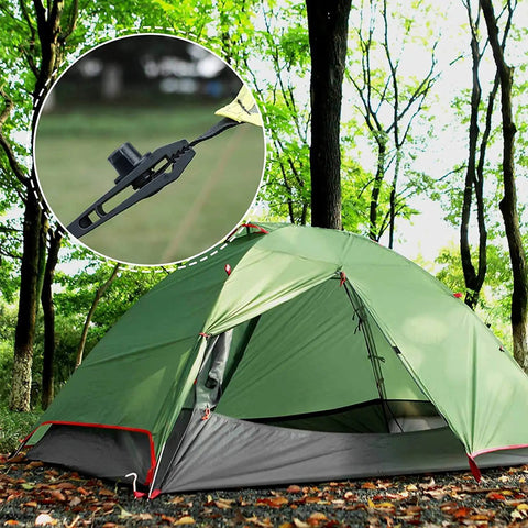 Heavy Duty Tarp Clips With Locking Thumb Screws For Canopies And Tents, shown securing a green camping tent outdoors