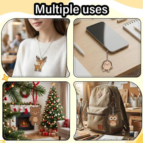 161 Piece Shrink Plastic Keychain Making Kit With 30 Sheets, Includes Hole Punch shown as necklace, phone charm, and decoration