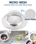 Heavy-Duty Kitchen Sink Strainer Set, 2 Dope Stainless Steel Mesh Drain Screens With Wide Rim shown catching debris, 4.5 inch diameter