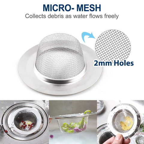 Heavy-Duty Kitchen Sink Strainer Set, 2 Dope Stainless Steel Mesh Drain Screens With Wide Rim shown catching debris, 4.5 inch diameter