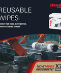 Reusable Wipes ad featuring PowerClean X70 Medium Duty Cloths Quarterfold Wipes For Industrial Cleaning in factory setting