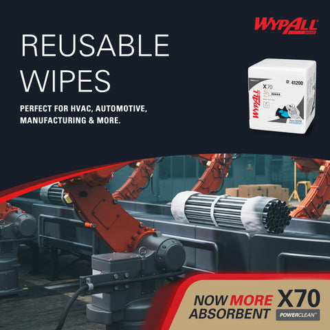 Reusable Wipes ad featuring PowerClean X70 Medium Duty Cloths Quarterfold Wipes For Industrial Cleaning in factory setting
