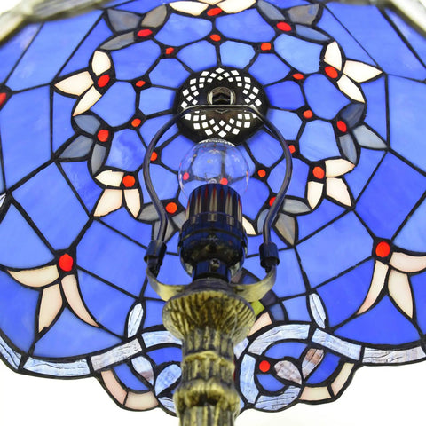 Close-up of Blue Baroque Tiffany Style Stained Glass Table Lamp For Bedroom And Living Room, 12x12x18 Inch, showing stained glass shade design.