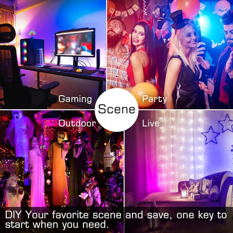 Four Pack RGB LED Flood Lights Outdoor 300W Equivalent 30W Bluetooth Smart Color Changing Floodlights used for parties and gaming scenes.