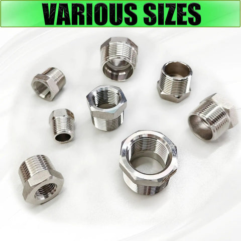 Two Pack 304 Stainless Steel Reducer Bushing Three Quarter Inch Male To Three Eighths Inch Female NPT Pipe Fitting Adapter Connector For Plumbing And Tubing Built To Last Heavy Duty Stainless Steel assorted sizes