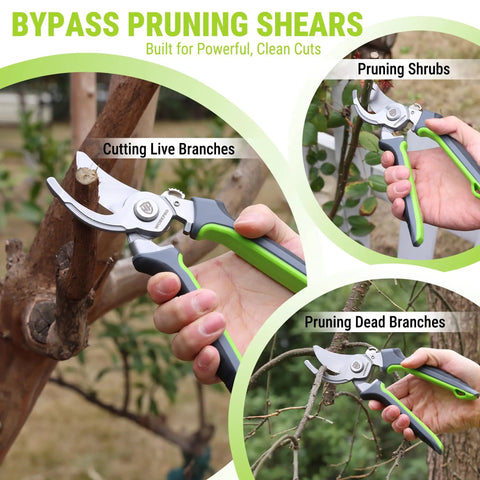 Image of Two Piece Garden Pruning Set Featuring An 8.5 Inch Bypass Pruning Shear And 6.25 Inch Precision Snip used for cutting branches