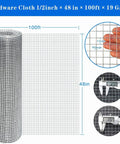 Heavy Duty 19 Gauge Hot Dip Galvanized Hardware Cloth One Half Inch Mesh 48 By 100 Foot Roll showcased with dimensions.