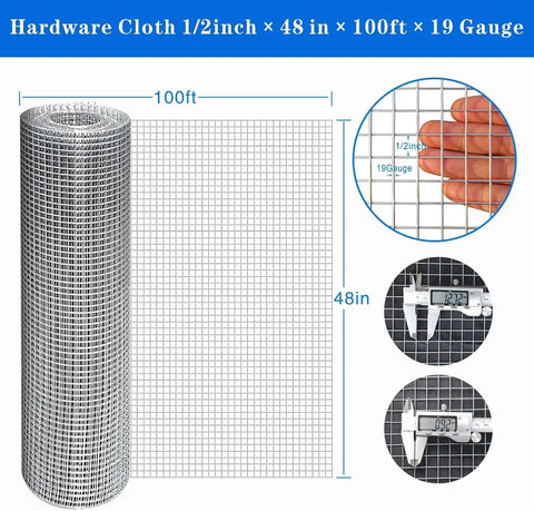Heavy Duty 19 Gauge Hot Dip Galvanized Hardware Cloth One Half Inch Mesh 48 By 100 Foot Roll showcased with dimensions.