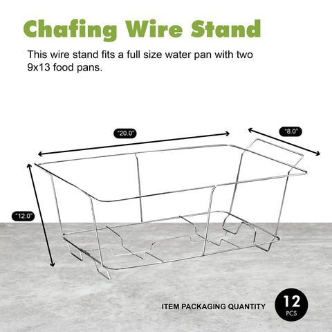 Chafing Wire Rack Buffet Stand 12 Pack, full size, chrome-finish, ideal for dish serving trays, and food warmers with built-in handles.