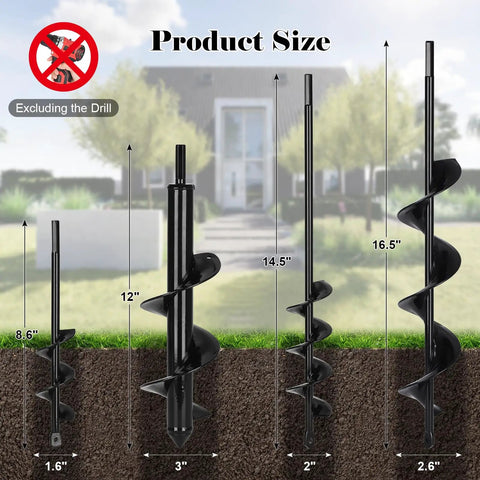 Go-To 4 Pack Garden Auger Drill Bits For Planting Set Includes 1.6x8.6 In 3x12 In 2x14.5 In And 2.6x16.5 In Fits 3/8 Inch Hex Drill Drivers
