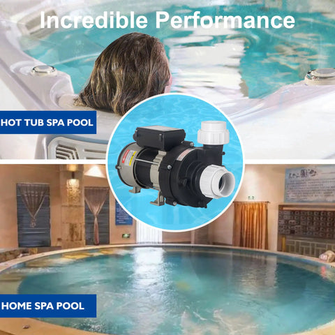 Heavy Duty 1.5 Horsepower Hot Tub Spa Pump Replacement Delivering Sweet Kickin Flow And Power 163 Gallons Per Minute With Two Inch Plumbing For Fast Swap in spa setting.