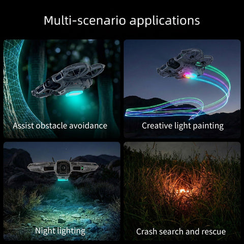 Color Changing LED Landing Gear For DJI Neo 2 Drones With Rechargeable Night Lighting demonstrating multi-mode illumination.