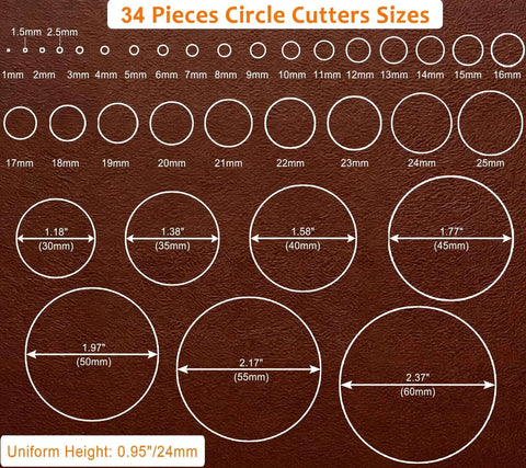 Pro Grade Leather Circle Cutter Tool Set 34-Piece Circle Punch Kit For DIY Leathercrafts showing punches from 1mm to 60mm sizes.