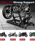 Beefed Up 1500 Lbs Hydraulic Motorcycle Lift For Dirt Bikes ATVs And UTVs with footplates, four wheels, and long handle.