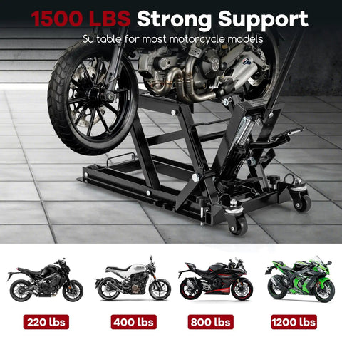 Beefed Up 1500 Lbs Hydraulic Motorcycle Lift For Dirt Bikes ATVs And UTVs with footplates, four wheels, and long handle.