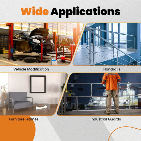 Image showcasing wide applications including vehicle modification, handrails, furniture frames, and industrial guards.