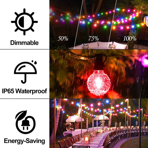 200Ft Outdoor String Lights With 104 G40 LED Bulbs Shatterproof Waterproof And UL Listed Connectable Patio Lights illuminated at night with dimmable settings and waterproof feature shown during a rainstorm over outdoor dining area.