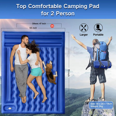 Double Camping Sleeping Pad Comfy 6 Inch Thick Self Inflating 2 Person Mat With Built In Pillow Built In Foot Pump shown with campers