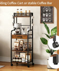 Top Shelf Five Tier Coffee Station Cart With Slick Rolling Wheels And Ample Cabinet Space for storing coffee tools and supplies.