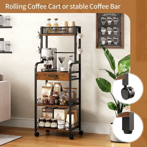 Top Shelf Five Tier Coffee Station Cart With Slick Rolling Wheels And Ample Cabinet Space for storing coffee tools and supplies.