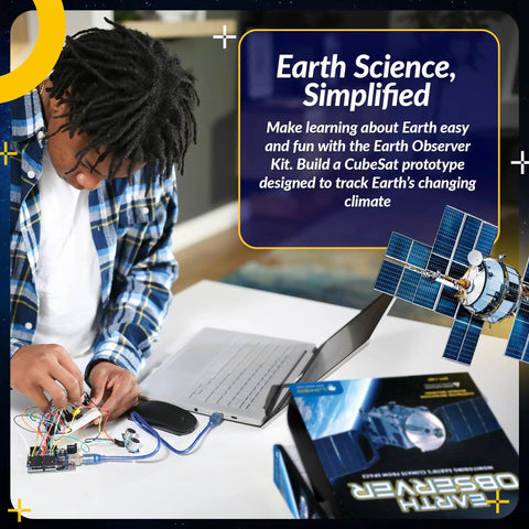 Earth Observer STEM Coding Kit: Build And Code Your Own Satellite To Track Earth Climate From Space, Hands On Learning With Step By Step Guides For Ages 13 And Up. teen assembling satellite kit