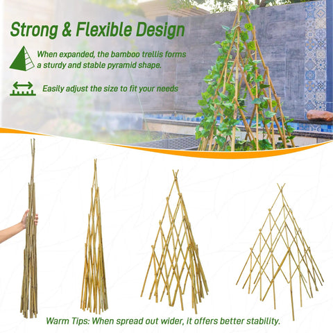 Expandable Bamboo Teepee Trellis For Climbing Plants No Fuss Self Standing Garden Support Perfect For Vines Flowers And Vegetables Indoors Or Outdoors Foldable Easy Setup Eco Friendly Natural Bamboo shown in various stages of expansion