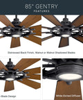 Badass Heavy Duty 85 Inch Ceiling Fan With Bright LED Lighting And Slick Distressed Black Industrial Finish Plus Nine Blade Quiet Airflow Blades For Cool Bedroom Relaxation showing detailed nine-blade design and white etched diffuser.
