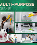 Multi-purpose cleaning tasks using Aromatherapy Cleaning Concentrate 64 Ounce All Purpose Multi Surface Cleaner with images for kitchen, bathroom, floor, and office cleaning.