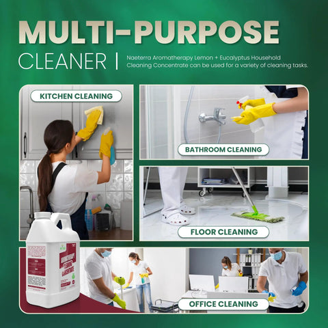 Multi-purpose cleaning tasks using Aromatherapy Cleaning Concentrate 64 Ounce All Purpose Multi Surface Cleaner with images for kitchen, bathroom, floor, and office cleaning.