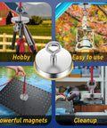 Various uses of the Massive 1000 Lb Pull Fishing Magnet for Retrieval and Treasure Finding, 3.54 Inch Diameter, shown in different scenarios.