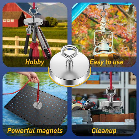 Various uses of the Massive 1000 Lb Pull Fishing Magnet for Retrieval and Treasure Finding, 3.54 Inch Diameter, shown in different scenarios.