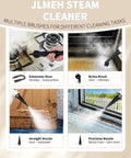 JLMEH steam cleaner with extension hose, nylon brush, straight nozzle, and precision nozzle for various cleaning tasks.