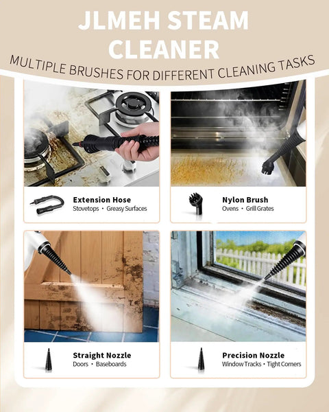 JLMEH steam cleaner with extension hose, nylon brush, straight nozzle, and precision nozzle for various cleaning tasks.