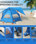 Pop Up Beach Tent With 360 Degree Removable Canopy For 4 To 6 People, UPF 50 Plus Sun Shelter detail with stability accessories