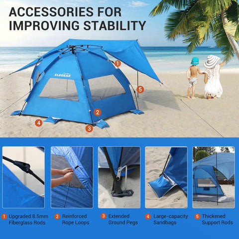Pop Up Beach Tent With 360 Degree Removable Canopy For 4 To 6 People, UPF 50 Plus Sun Shelter detail with stability accessories