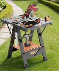 2-In-1 Folding Work Bench And Sawhorse For Quick Setup Portable Work Table With Laser Engraved Scale in garden setting