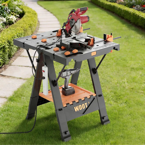 2-In-1 Folding Work Bench And Sawhorse For Quick Setup Portable Work Table With Laser Engraved Scale in garden setting