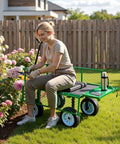 Woman using Beast Mode 500 Lbs Garden Cart With Seat, 2-In-1 Wagon And Stool, 10-Inch Flat Free Wheels, Adjustable Handle in garden
