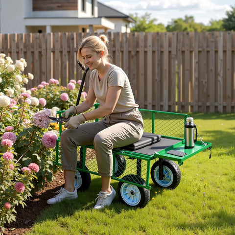 Woman using Beast Mode 500 Lbs Garden Cart With Seat, 2-In-1 Wagon And Stool, 10-Inch Flat Free Wheels, Adjustable Handle in garden