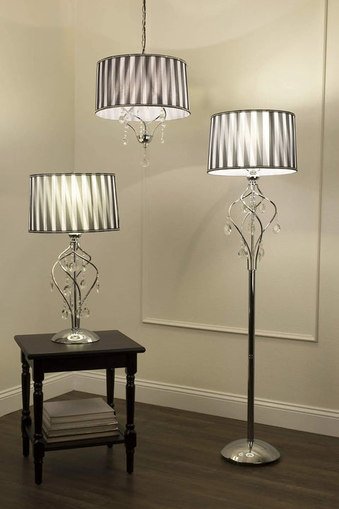 63 Inch Lady Crystal Floor Lamp With Twisted Metal Frame And Hanging Crystals, Black and White Shade, in living room setting.