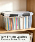 Heavy Duty Clear Plastic Storage Tote With Secure Lock Latch 54 Quart transparent crate with books inside on shelf.