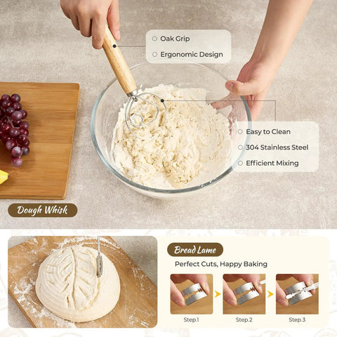 Complete Sourdough Starter Kit With 9-Inch Round And 10-Inch Oval Banneton Proofing Baskets Plus 7 Essential Tools For Home Bakers including a dough whisk and bread lame in use